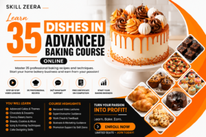 Advanced Baking Course Online poster by Skill Zeera featuring 35 professional baking dishes, cakes, desserts, and home bakery training design in orange, white, and black theme