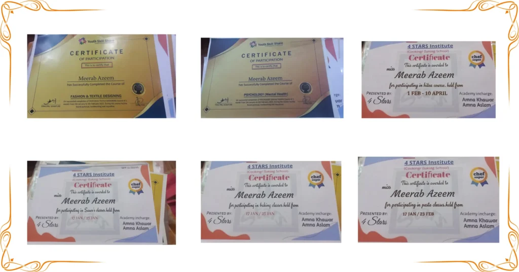 Hi Tea course teacher certificates showing successful completion of training and professional skill achievement