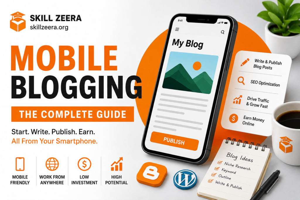 Skill Zeera mobile blogging feature image showing smartphone blogging setup, SEO tools, content publishing, and online earning guide for beginners in 2026.