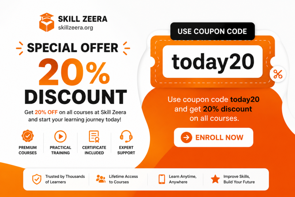 Skill Zeera special offer banner showing coupon code today20 with 20% discount on online courses and blogging training programs.