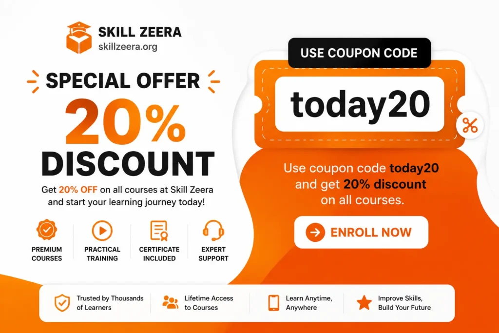 Skill Zeera special offer banner showing coupon code today20 with 20% discount on online courses and blogging training programs.