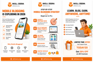 Step-by-step mobile blogging process infographic by Skill Zeera explaining niche selection, blog setup, content writing, SEO optimization, and earning online.