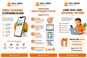 Step-by-step mobile blogging process infographic by Skill Zeera explaining niche selection, blog setup, content writing, SEO optimization, and earning online.