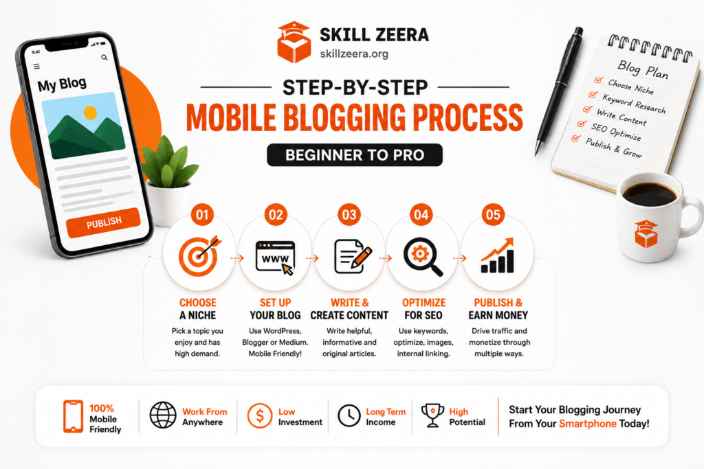 Skill Zeera mobile blogging article graphics featuring beginner blogging tips, smartphone blogging strategies, SEO learning, and online earning methods.