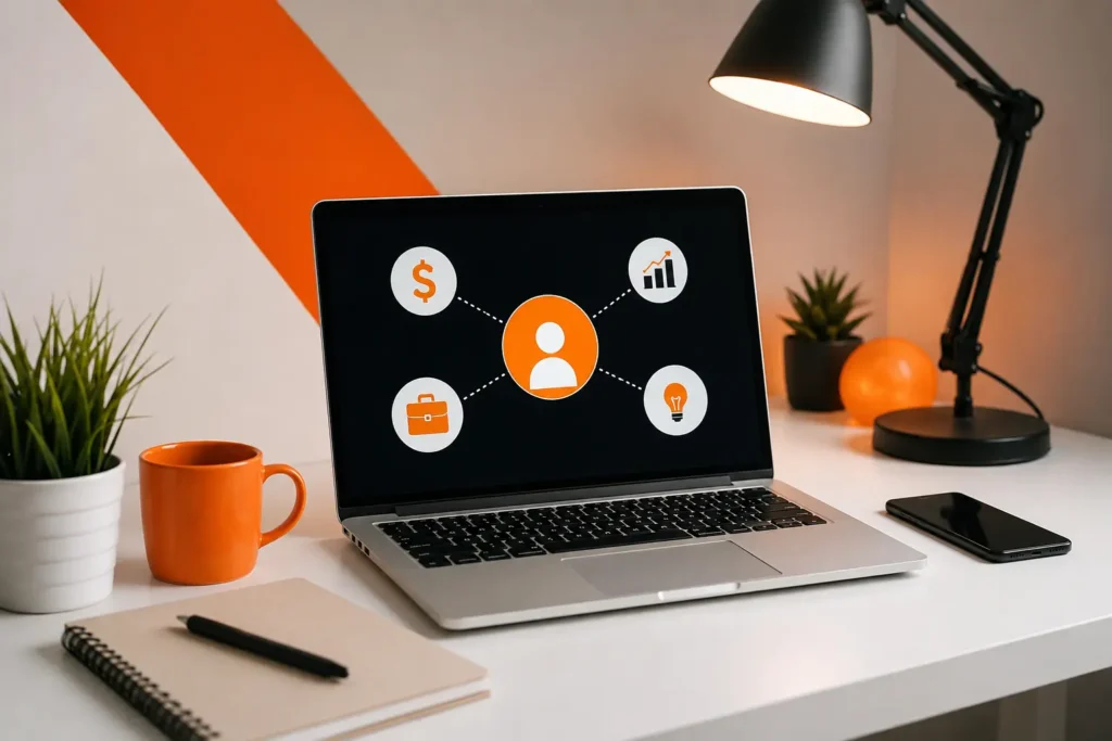 Modern freelancing workspace featuring top online skills including SEO, content writing, web development, graphic design, digital marketing, and video editing for earning $1000+ per month in 2026