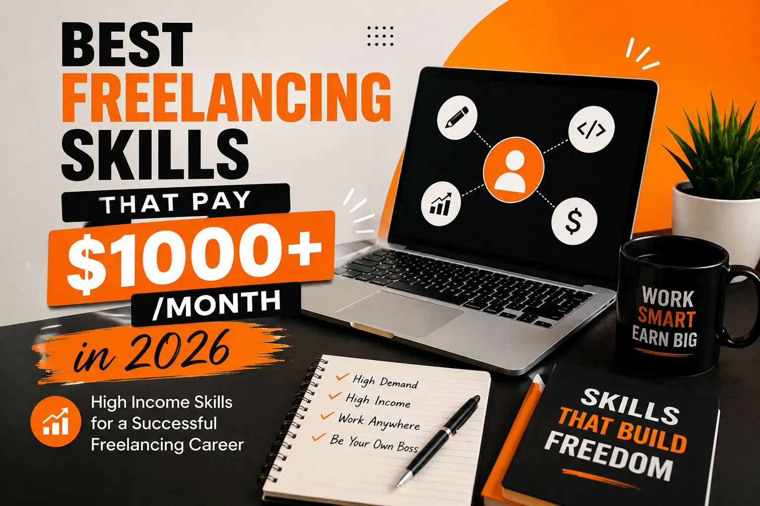 Laptop workspace showing high-income freelancing skills that can help beginners earn $1000 or more per month online in 2026
